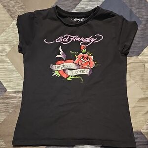Ed Hardy Black Tee with Red and Pink Graphic